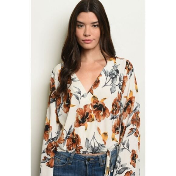Fall Floral Gypsy Blouse Cream and Brown - Picture 1 of 6